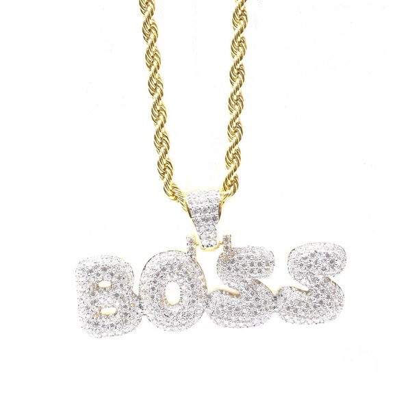 NYFASHION101 Stone Stud Block Letter BOSS Pendant with 2mm Rope Chain Necklace NYFASHION101 Stone Stud Block Letter BOSS Pendant with 2mm Rope Chain Necklace